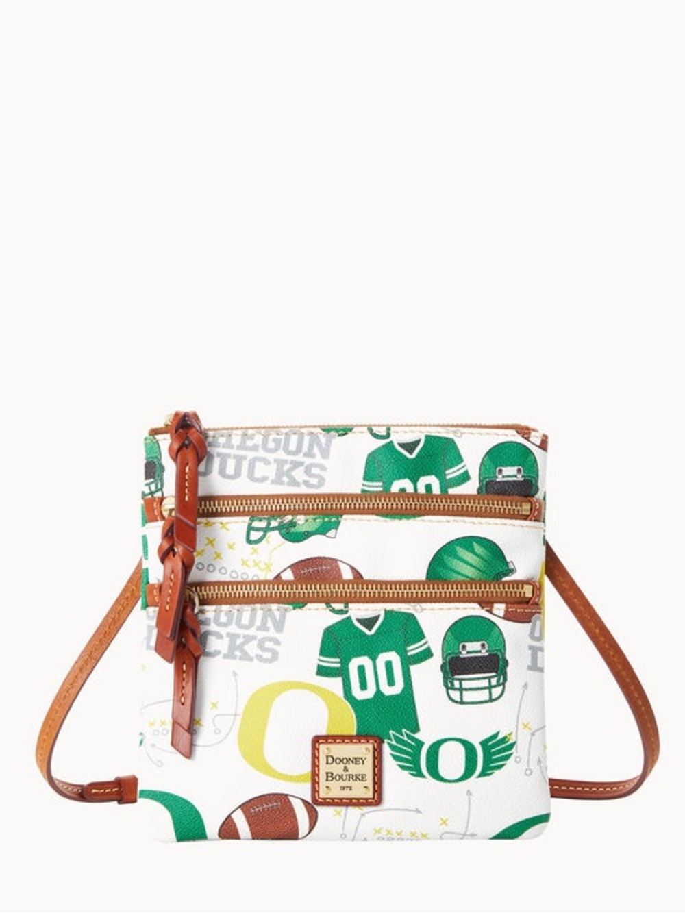 Dooney & Bourke White Oregon Ducks Printed Crossbody Bag with Brown Trim